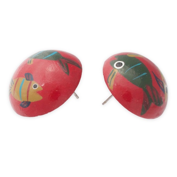 Vintage Hand Painted Fish Stud Earrings Round Red Domed Studs - Picture 4 of 6